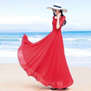 大红色雪纺连衣裙2024气质显瘦长款大摆波西米亚沙滩长裙女夏