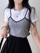 韩国chic夏季少女叠穿透视波点网纱吊带两件套圆领，短袖t恤上衣女