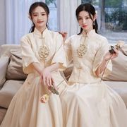 中式伴娘服长款2023春夏显瘦婚礼，伴娘团姐妹裙中国风姊妹礼服