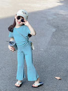 韩版女童2024春夏海洋，色短袖喇叭裤套装，女宝宝t恤裤子两件套