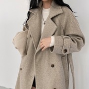 韩国chic秋冬复古气质双排，扣翻领系带收腰中长款毛呢外套呢子大衣