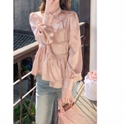 2024春季新中式国风，女装小个子粉色衬衫上衣，设计感小众衬衣
