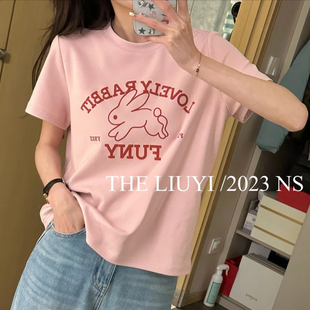 纯棉粉色t恤女短袖2023夏季宽松大码显瘦卡通设计感上衣体恤