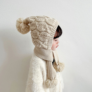 韩版儿童帽子秋冬季保暖宝宝毛线帽加绒女童针织帽围巾一体护耳帽