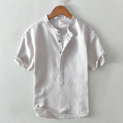 棉麻t恤男士夏季日系复古亚麻短袖体恤，中国风白色polo衫立领衬衫