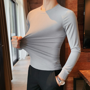 圆领长袖T恤男士春季韩版修身条纹纯色紧身薄款打底衫英伦休闲t恤