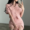韩国chic夏季优雅圆领宽松粗花呢，短款外套+高腰包(高腰包，)臀半身裙套装女