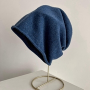 冬季日本蓝色堆堆帽加大号，男女冷帽套头帽米色，羊毛休闲针织毛线帽