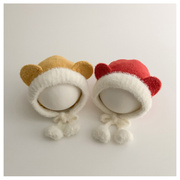 婴儿帽子冬季可爱猫耳朵系带毛绒包头帽宝宝保暖套头护耳帽