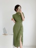 夏季绿色旗袍原创自制老上海滩复古日常开叉，新中式裙子江南气质潮