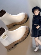 女童皮面加绒靴子2023冬季韩版软底二棉马丁靴，小女孩中筒棉靴