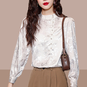 新中式国风白色长袖衬衫，2024春夏季女装复古圆扣唐装汉服上衣