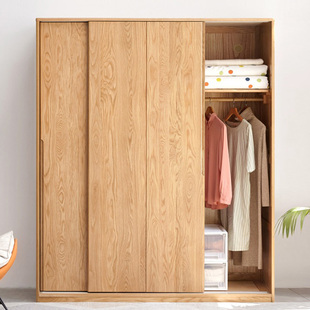 全实木衣柜北欧卧室橡木，移门收纳柜子，家用推拉门衣橱储物柜红橡木