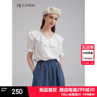 dtlando短袖衬衫女夏季法式甜美荷叶，边蕾丝设计感雪纺衫上衣