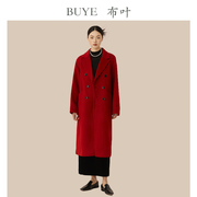 BUYE布叶 红色双面羊绒大衣女高级感秋冬季双排扣羊毛呢外套
