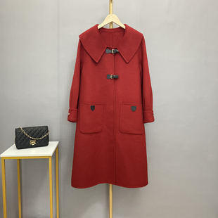 双面羊绒大衣女中长款红色大领子，减龄韩版宽松羊毛呢2021秋冬外套