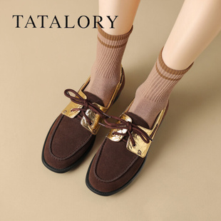 tatalory女鞋复古风春秋，乐福鞋系带，拼色低粗跟磨砂单鞋时尚