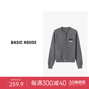 Basic House/百家好短款毛衣开衫2024春季设计感圆领撞色上衣