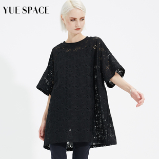 yuespace蕾丝衫镂空t恤宽松显瘦短袖圆领夏季女士，休闲罩衫套头衫