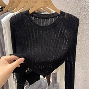 2024夏季黑色镂空针织衫女短款设计感小众不规则，条纹防晒罩衫上衣