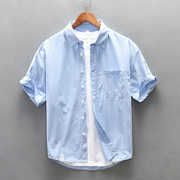 高级感蓝白竖条纹短袖衬衫男士，夏季薄款寸衫，文艺宽松休闲半袖衬衣