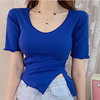 20225韩国女装夏季性感修身短款开叉短袖罗纹宝蓝，v领t恤上衣