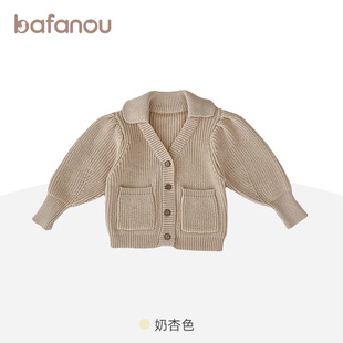 女宝宝口袋针织外套V领带韩版婴儿毛衣泡泡袖巴梵开衫纯棉欧洋气