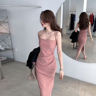 achi大也池粉色吊带连衣裙，长短款收腰长裙子气质高级性感包臀短裙