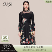 SUSSI/古色冬季商场同款黑色刺绣长袖连衣裙11AV4060010