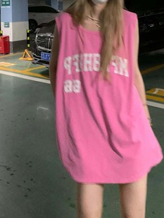 粉色辣妹街头运动背心女设计感小众夏季ins潮外穿宽松无袖T恤上衣