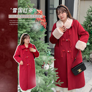 200斤大码女装冬国风新年装气质红大衣氛围感中长款毛呢外套