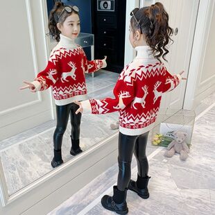 女童圣诞鹿毛衣，2024秋冬儿童洋气女孩，高领加绒加厚打底针织衫