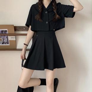 套装女高腰a字百褶短裙，夏季韩版黑色jk半身裙女套装裙两件套裙子