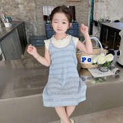 女童蓝色针织吊带裙套装2024洋气儿童休闲连衣裙夏装宝宝衣服