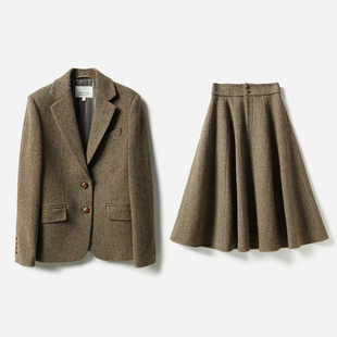 wxz07002茉莉雅集英国羊毛风貌，人字纹全羊毛，收腰长袖西装半裙