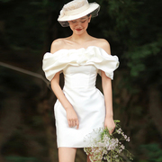 缎面轻婚纱旅拍春季短款一字肩小个子新娘外景登记礼服领证小白裙