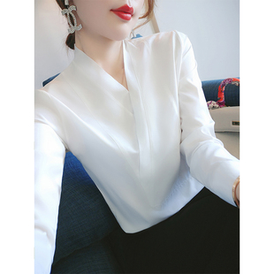 白色高端衬衫女士V领上衣秋装2023年长袖设计感小众法式衬衣
