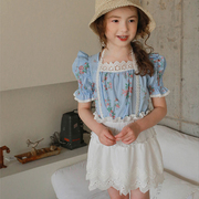 韩国进口puell女童夏薄纯棉蕾丝短袖淑女衬衫 洋气清凉吊带半身裙