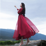 棉麻记复古雪纺连衣裙女夏季红色，v领度假长裙气质收腰仙女裙