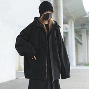黑色毛呢外套夹克短款连帽呢子，大衣黑暗系酷飒风女装，高级感炸街潮