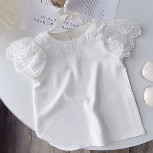 女童白色雪纺衫夏季蕾丝，小飞袖衬衫上衣，中小童女宝宝圆领公主t恤