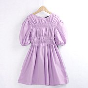 2838紫色连衣裙圆领松紧显瘦纯色，a字裙夏季甜美中长裙外贸