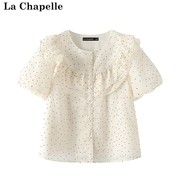 拉夏贝尔lachapelle夏季波(夏季波)点衬衫女短袖，荷叶边雪纺小衫上衣
