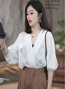 韩国白色衬衫女夏季法式v领交叉灯笼，袖上衣休闲显瘦薄款高级衬衣