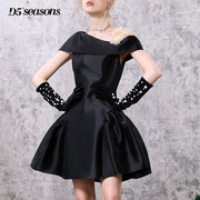 黑色连衣裙女夏装2022性感斜肩花朵设计感气质短裙洋装小礼服