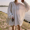 蔓柔夏季韩版v领气质宽松白衬衫女中长款显瘦减龄娃娃衫上衣