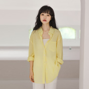 2023夏季鹅黄色衬衫小清新宽松轻薄防晒衫中长款单排扣亮黄色衬衣