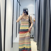 高品质夏日彩虹条纹针织吊带连衣裙女2024显瘦复古段染长裙子