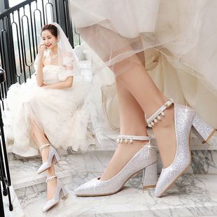 水晶鞋婚鞋女粗跟新娘鞋结婚银色高跟鞋中跟系带防水台婚纱伴娘鞋