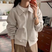 韩国chic春秋上衣小众宽松双头拉链减龄翻领小个子卫衣外套女开衫